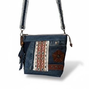 Upcycled Denim Crossbody Bag | Patchwork Boho Western Purse with Leather Flower